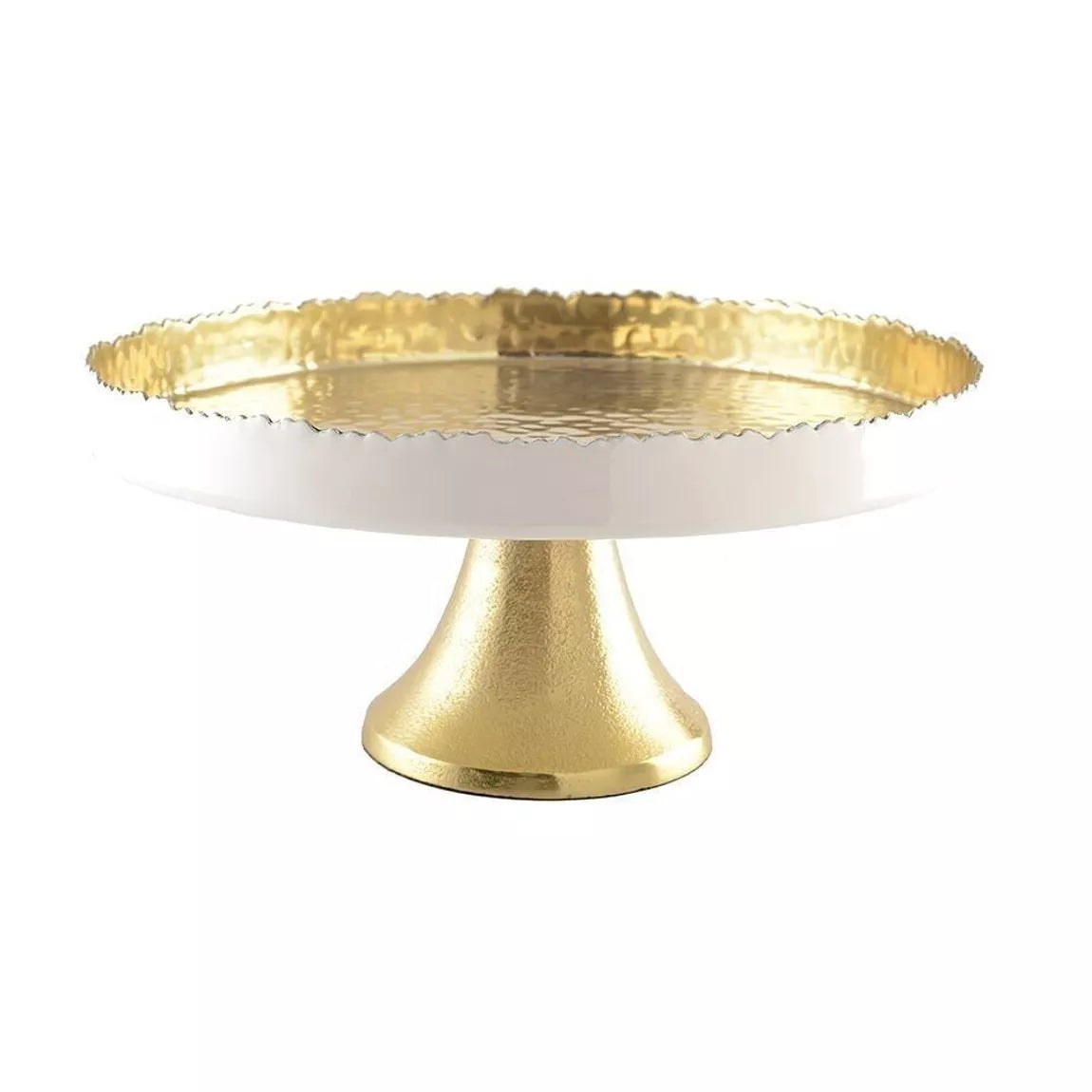Rundes Tablett auf weiß-goldenem gehämmertem Fuß – 30 x 30 x 12,5 cm