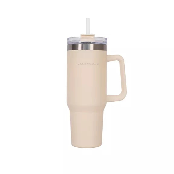 Edelstahl-Thermobecher mit Strohhalm und Griff – 1,18 Liter - Beige