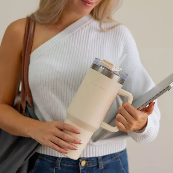 Edelstahl-Thermobecher mit Strohhalm und Griff – 1,18 Liter - Beige