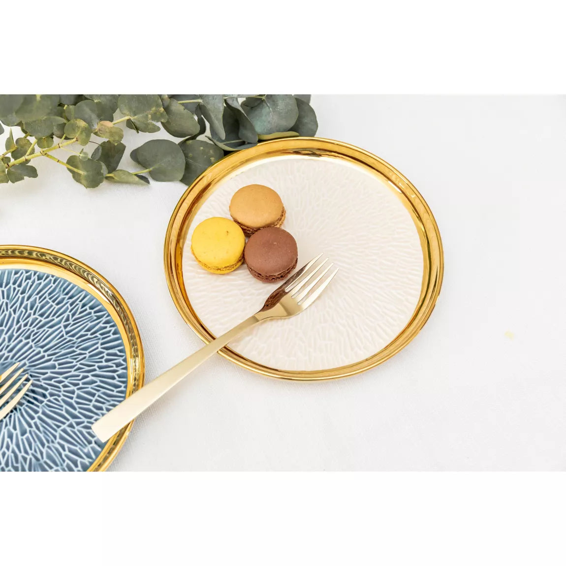 Dessertteller mit Goldrand, 2 blau und 2 cremefarben – 4er-Set