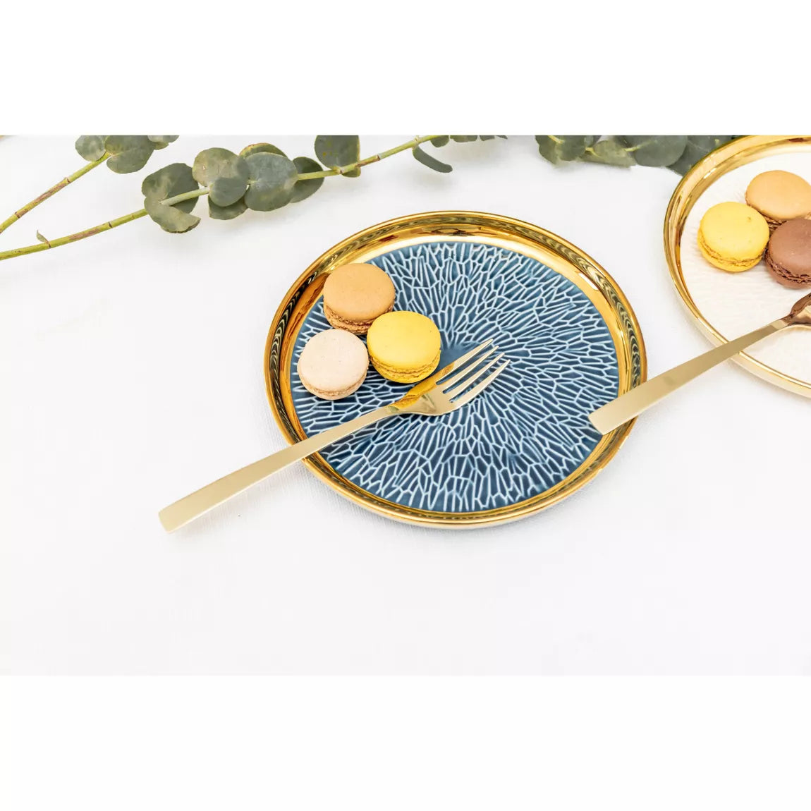 Dessertteller mit Goldrand, 2 blau und 2 cremefarben – 4er-Set