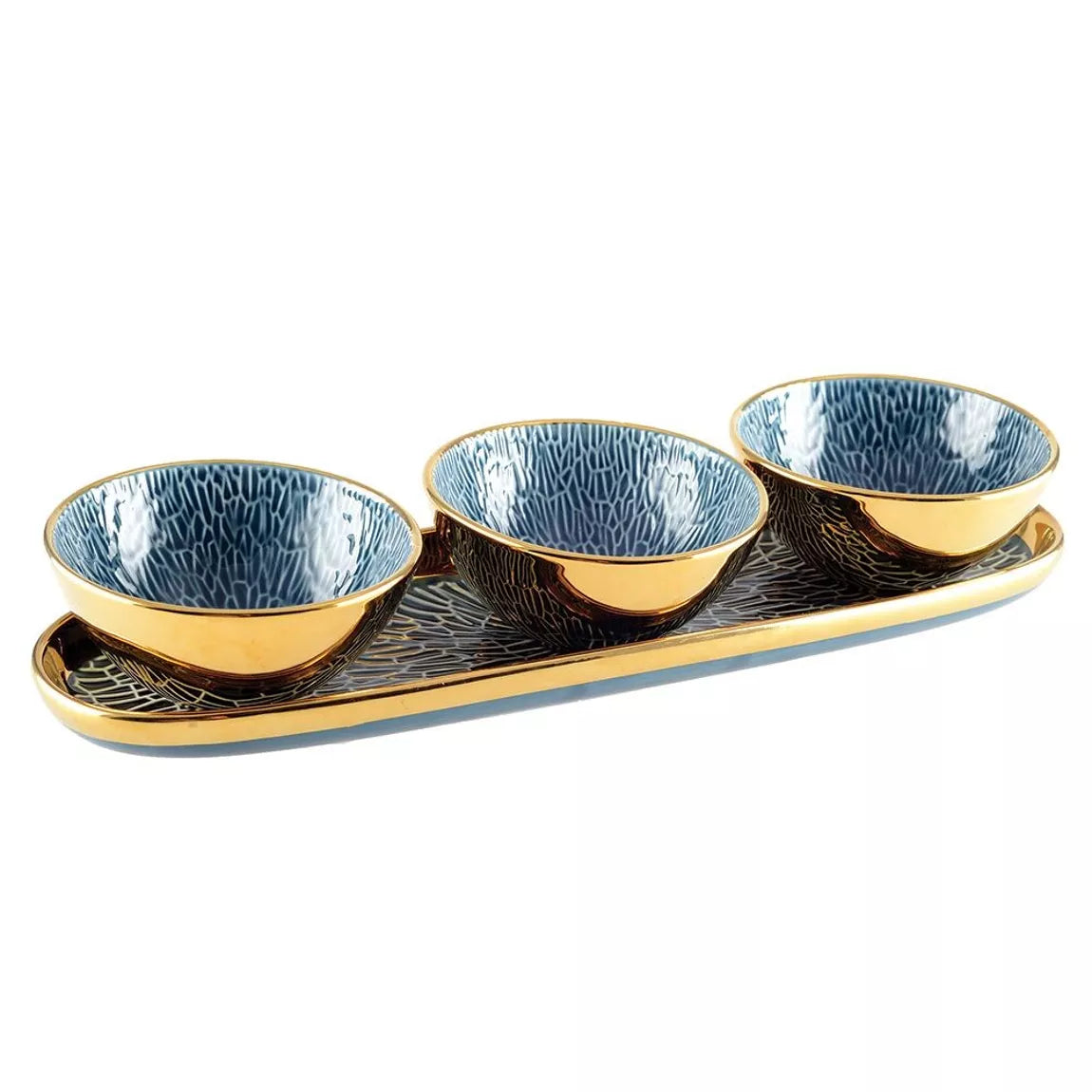 Aperitif-Set mit 3 Schalen auf blau-goldenem Tablett – AULICA