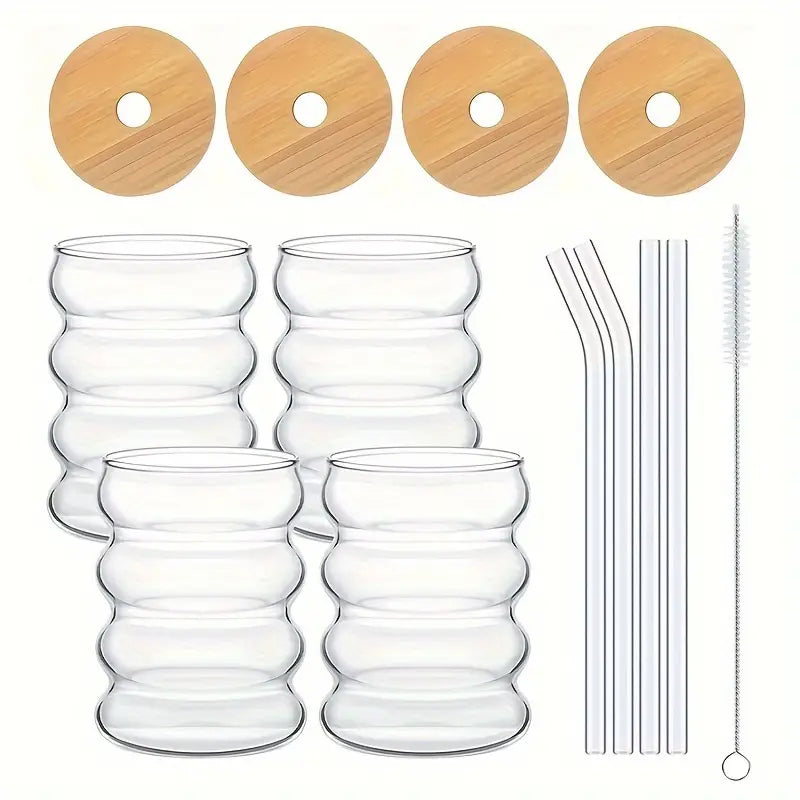 Wave Glas 300 ml mit Bambusdeckel & Glasstrohhalm