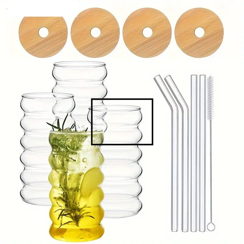 Wave Glas 500 ml mit Bambusdeckel & Glasstrohhalm