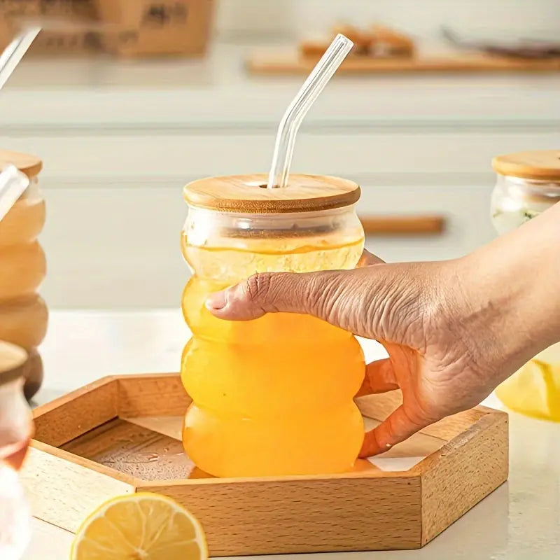 Wave Glas 300 ml mit Bambusdeckel & Glasstrohhalm