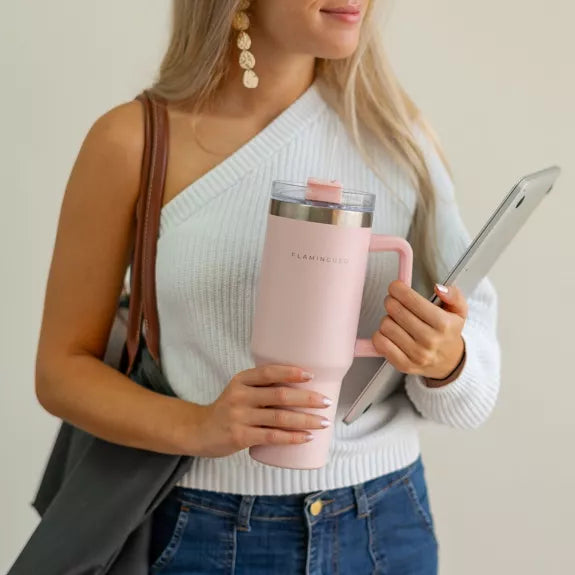 Edelstahl-Thermobecher mit Strohhalm und Griff – 1,18 Liter - Rosa